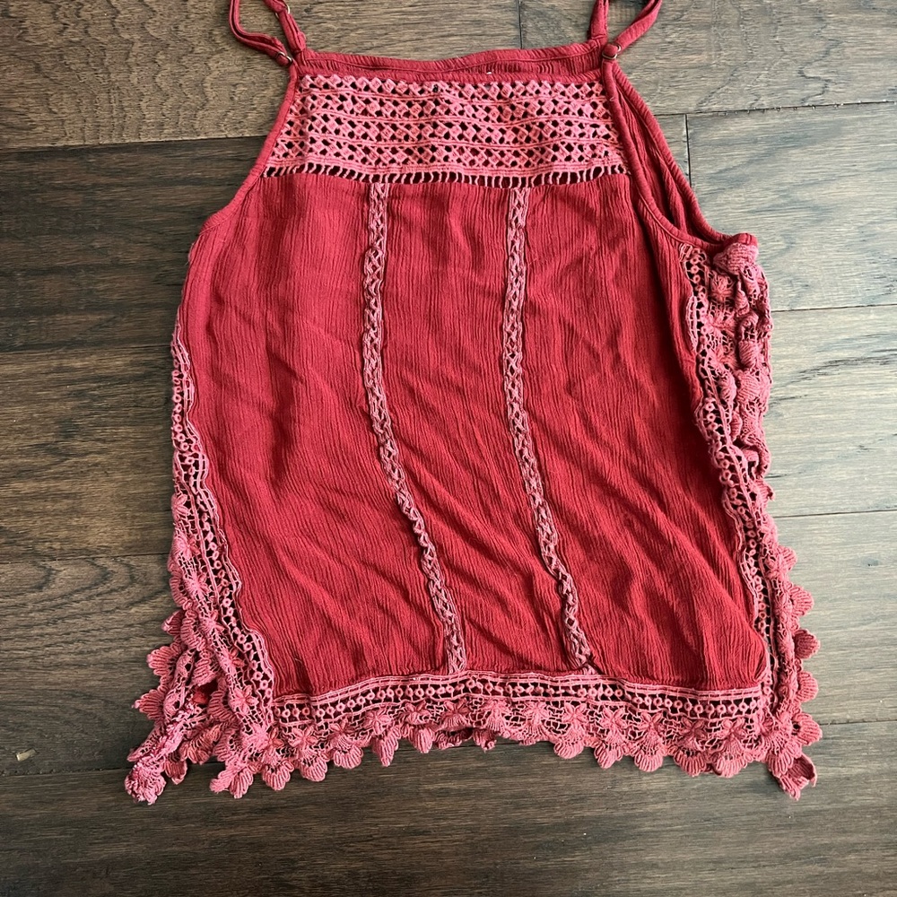 Women's Crochet Trim Boho Red fringe tank top